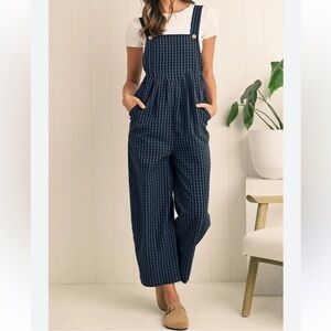 NWOT Blue Plaid Overalls High Waist Lightweight Relaxed Fit Front Pockets Casual